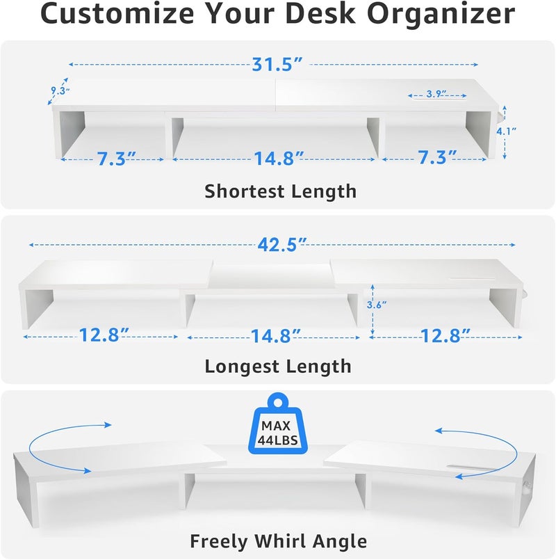 La Jaco Dual Monitor Stand Riser for 2 Monitors, Monitor Stand for Desk, Adjustable Length & Swivel Angle Wooden Desktop Organizer Stand Riser with Smartphone Holder for PC Monitor Laptop, White - Image 3